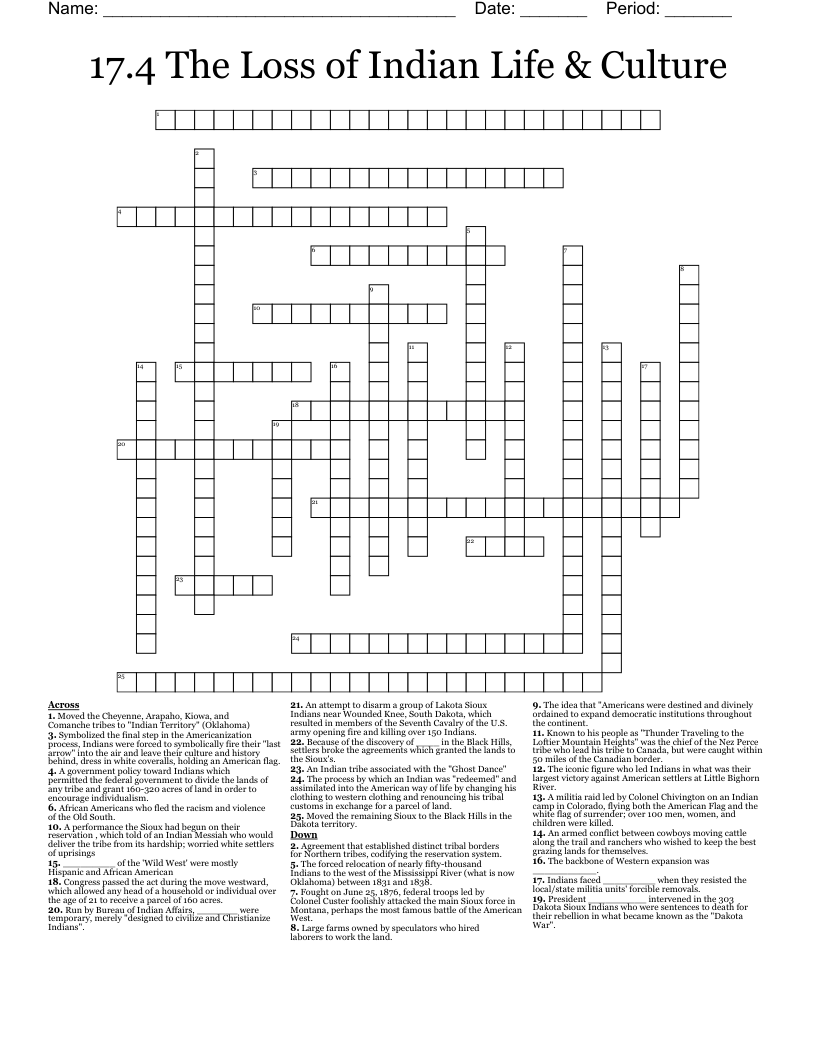 17 4 The Loss Of Indian Life Culture Crossword WordMint