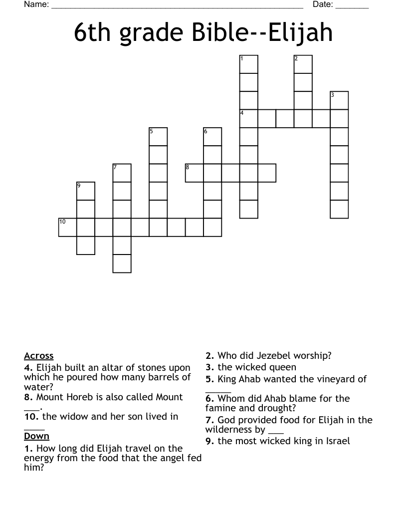 6th Grade Bible Elijah Crossword WordMint