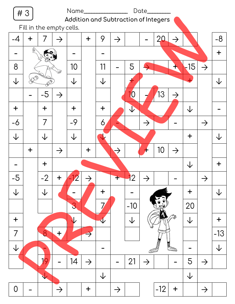 Addition And Subtraction Of Integers Crosswords Teaching Resources