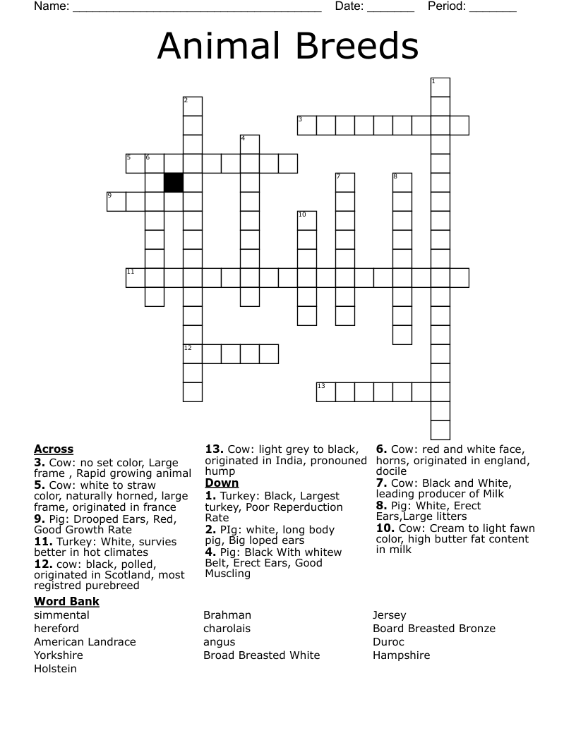 Animal Breeds Crossword WordMint Animal Breeds Crossword WordMint