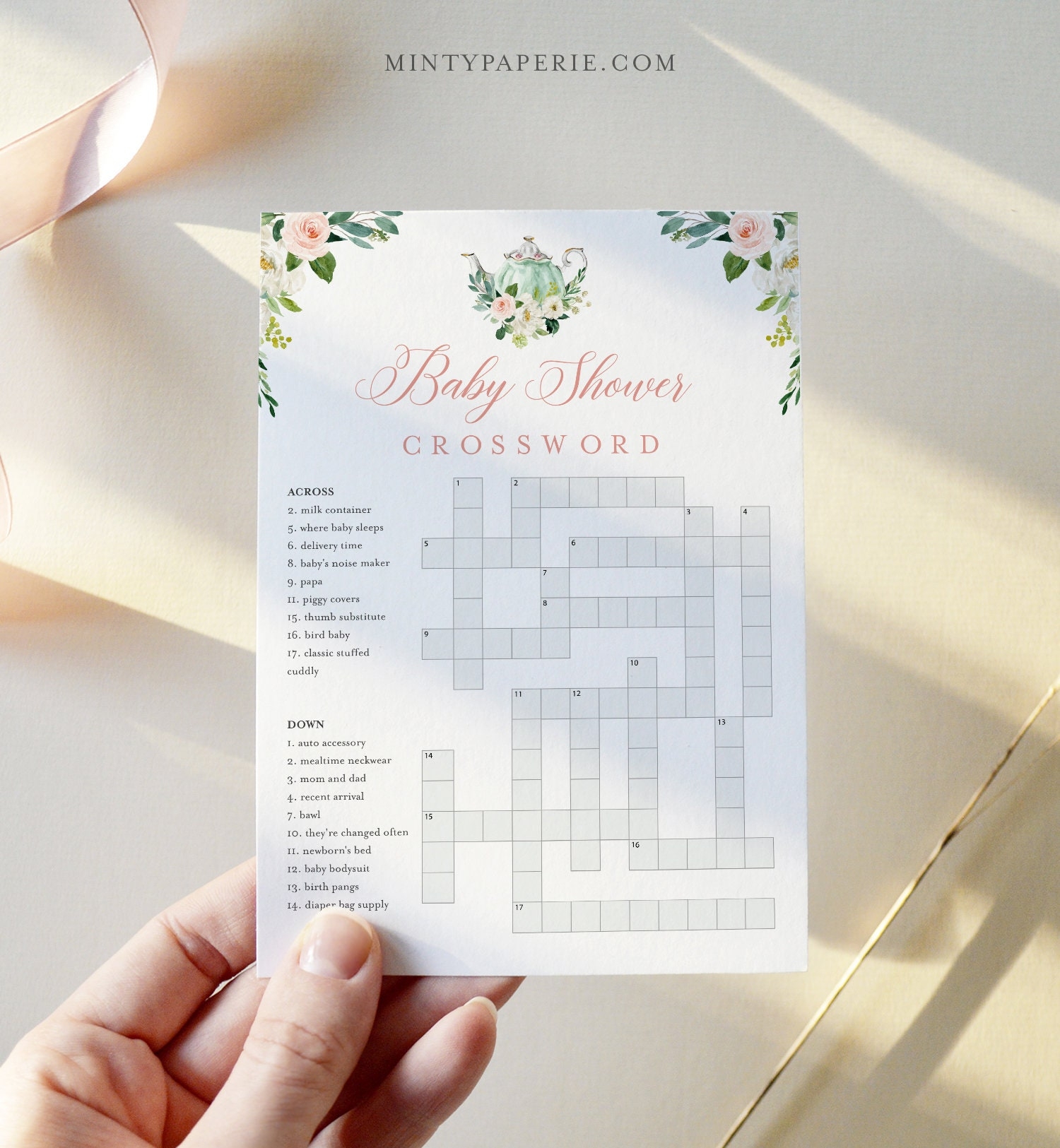Baby Crossword Puzzle Tea Party Baby Shower Game Printable Crossword Game With Answer Key Instant Download Templett 5x7 085 401BASG