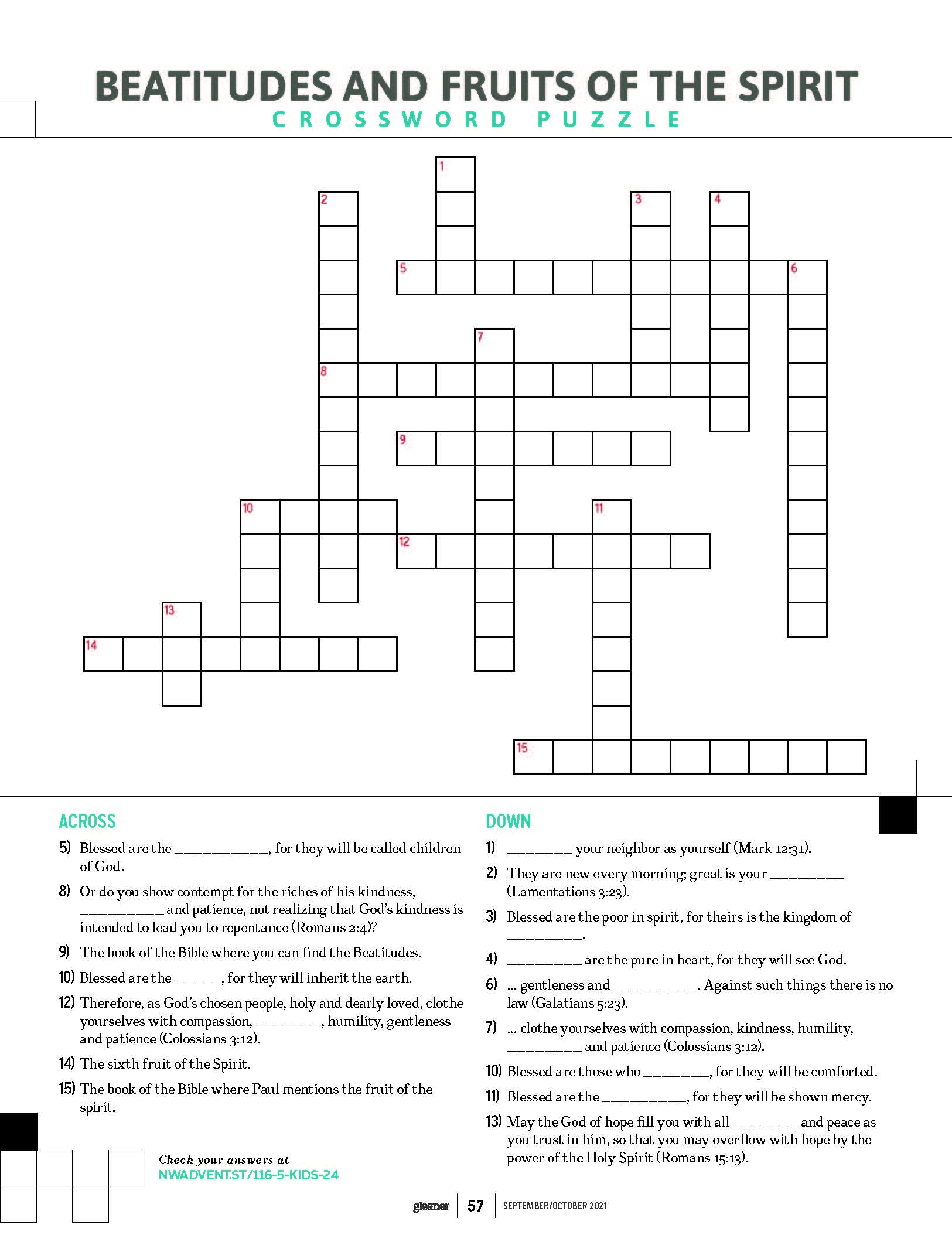 Beatitudes And Fruits Of The Spirit Crossword Puzzle Just For Kids Northwest Adventists