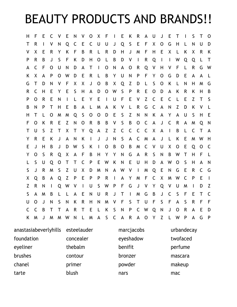 BEAUTY PRODUCTS AND BRANDS Word Search WordMint