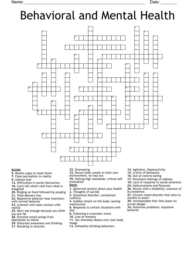 Behavioral And Mental Health Crossword WordMint