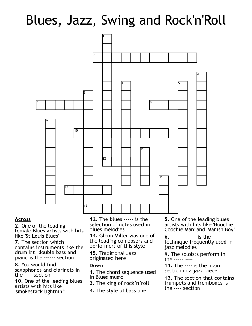Blues Jazz Swing And Rock n Roll Crossword WordMint