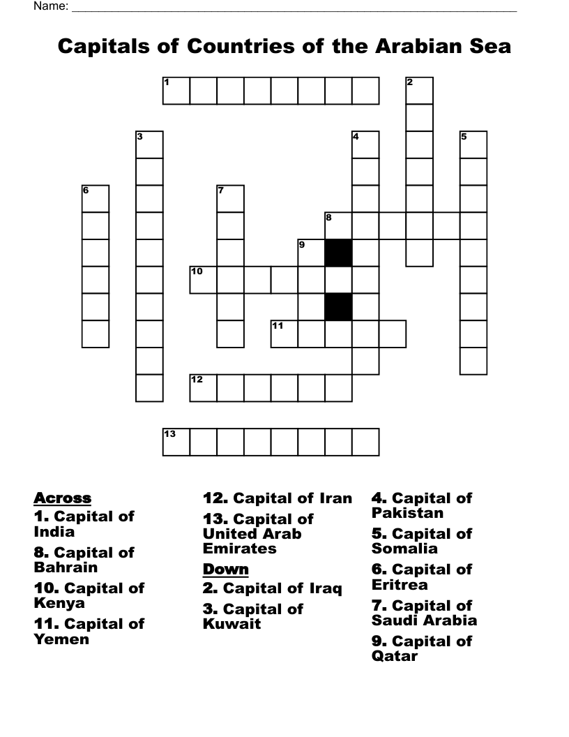 Capitals Of Countries Of The Arabian Sea Crossword WordMint