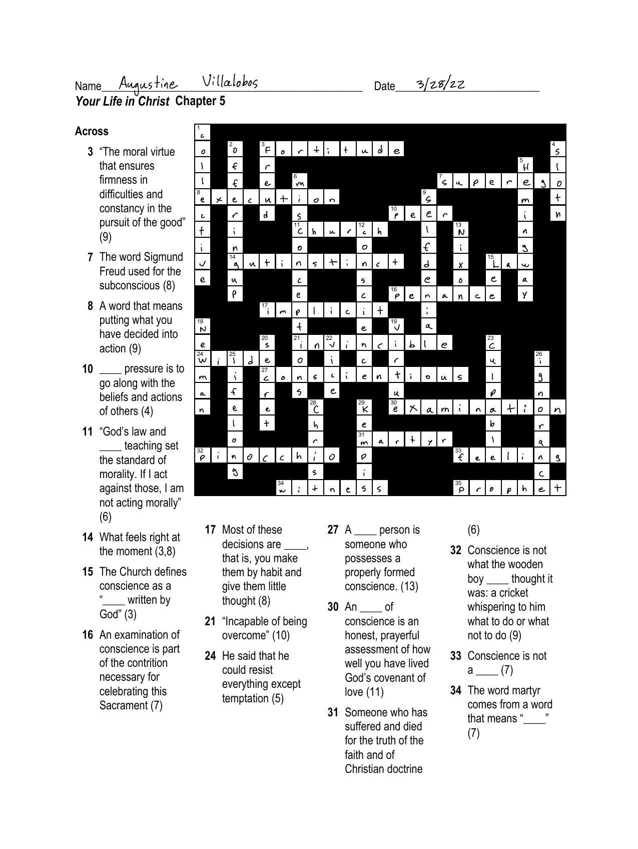 Conscience Worksheet Christian Morality Crossword