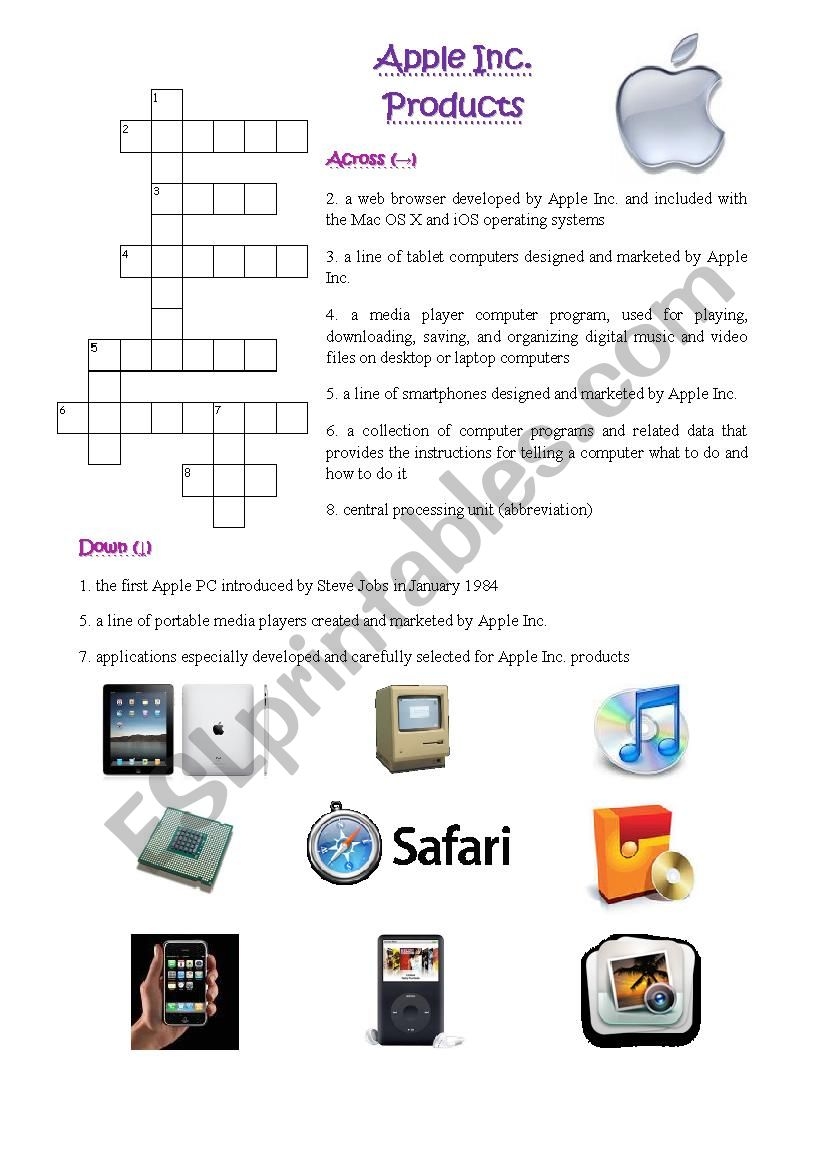 Crossword Puzzle Apple Inc Products ESL Worksheet By Snowdrop1981