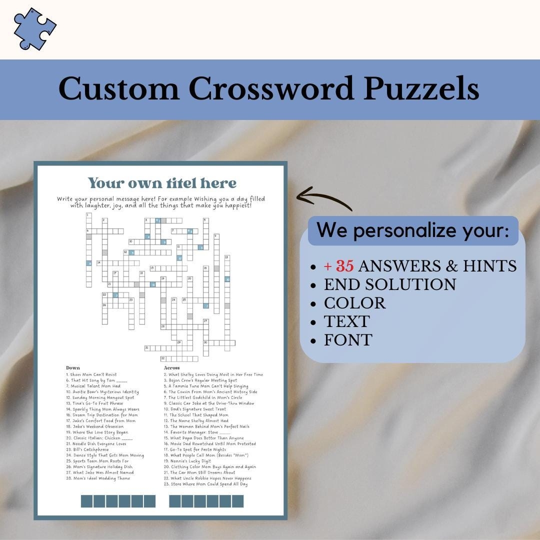 Crossword Puzzle Custom Gift 100 Personalized Crosswords NYT Crossword Hidden Message Puzzle Present 35 Custom Hints Answers Etsy