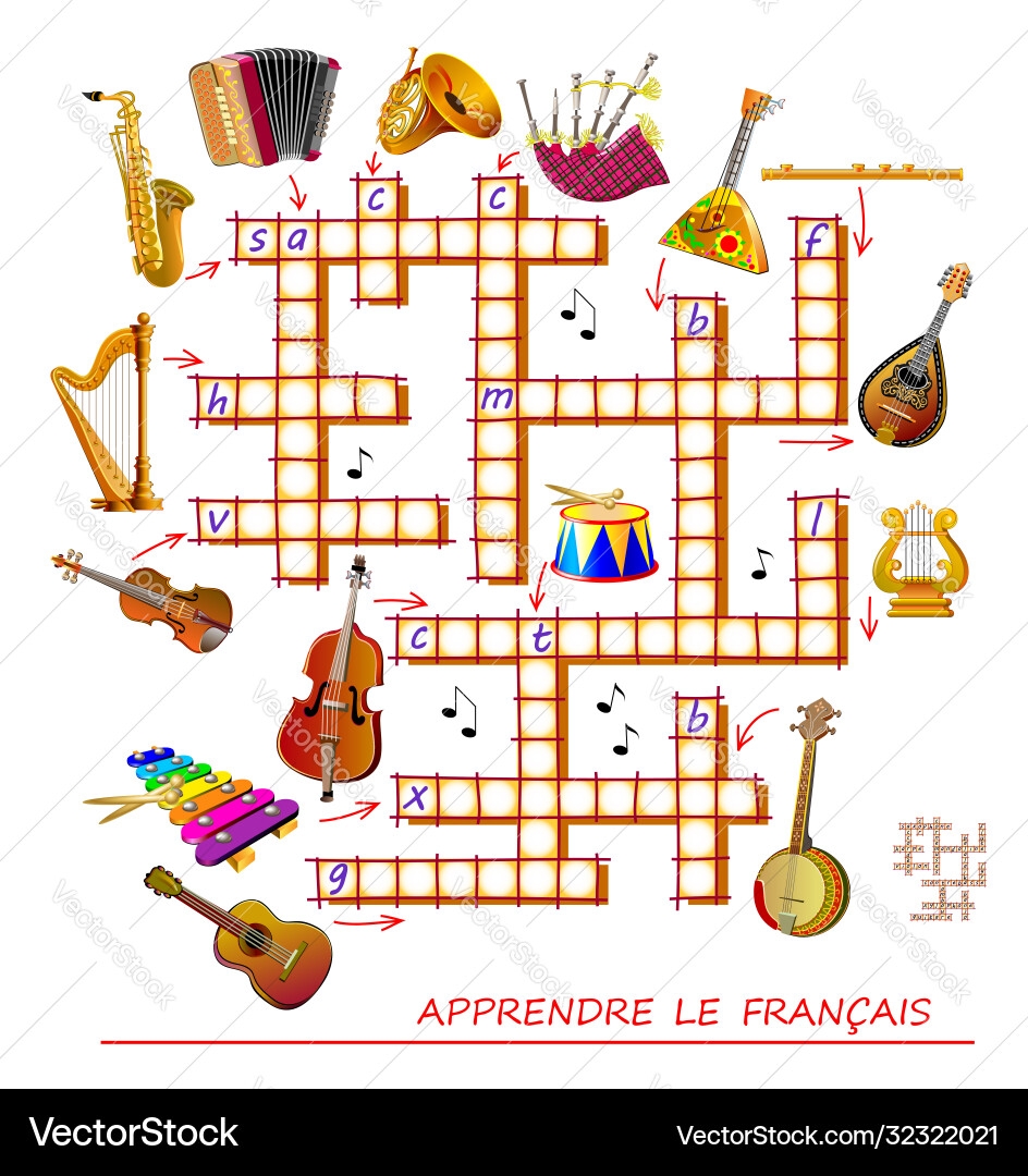 Crossword Puzzle Game With Musical Instruments Royalty Free Vector VectorStock