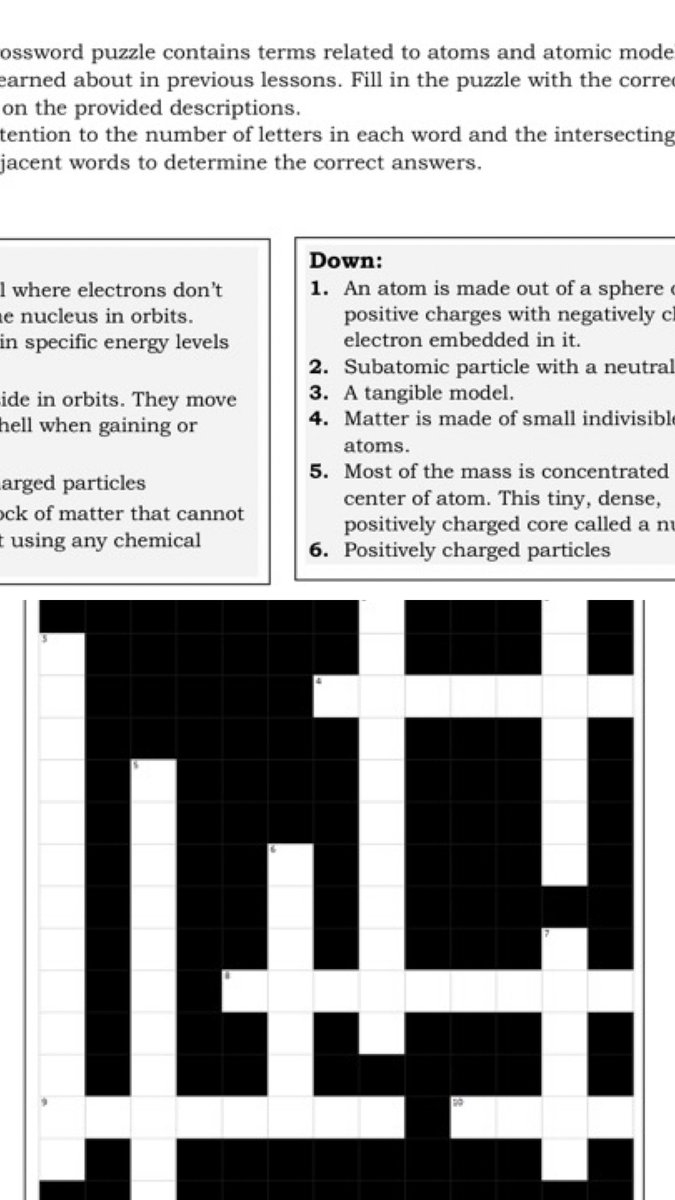 Crossword Puzzle On Atoms And Atomic Models Fill In The Crossword Based 