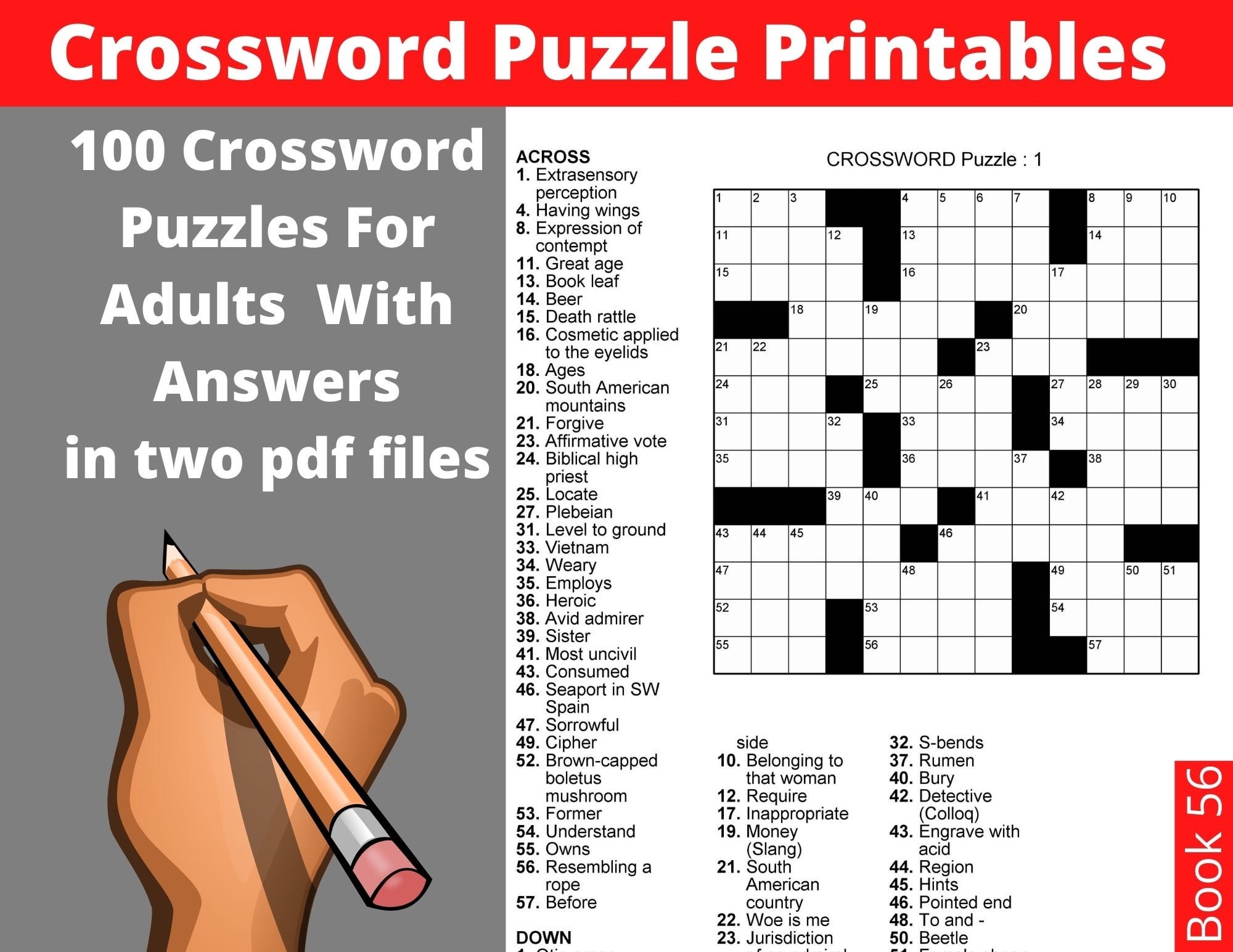Crossword Puzzle Printables For Adults 100 Crosswords With Solutions Instant Download Large Print Fun Activities Book For Seniors Etsy Israel