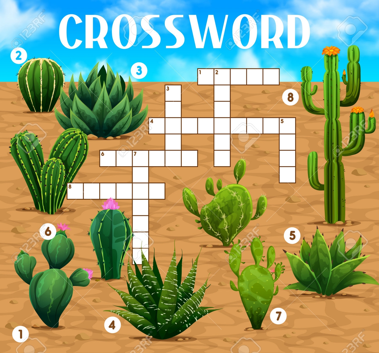 Crossword Quiz Game Grid Mexican Prickly Cactus Succulents Crossword Puzzle Word Search Vocabulary Quiz Vector Worksheet With Texas Desert Prickly Succulent Plants Mexican Nature Cactuses Royalty Free SVG Cliparts Vectors And Stock