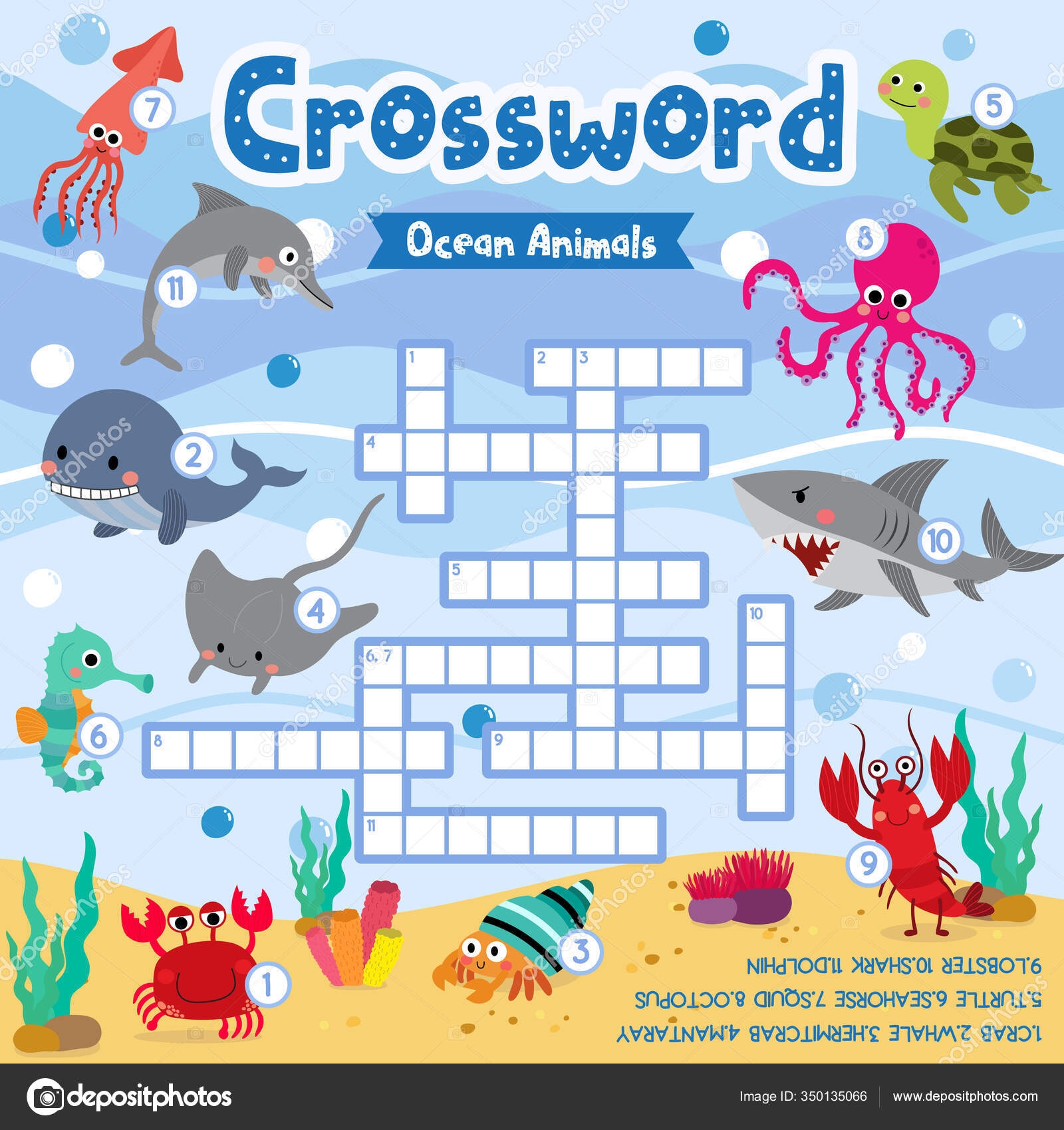 Crosswords Puzzle Game Ocean Animals Preschool Kids Activity Worksheet Colorful Stock Vector By natchapohn 350135066