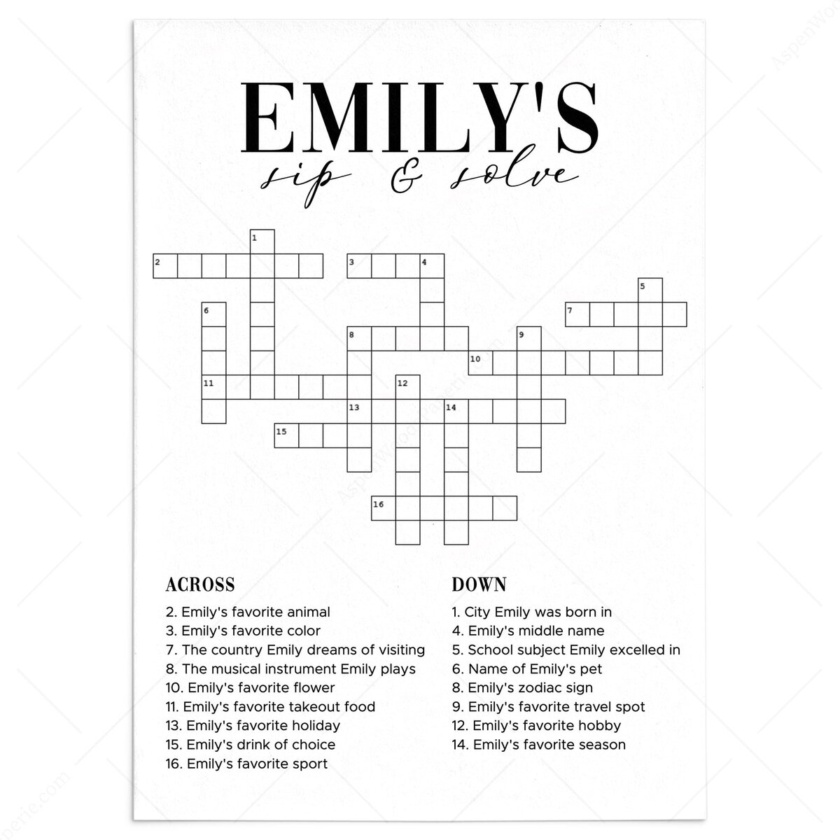 Custom Sip And Solve Crossword Game Editable Template