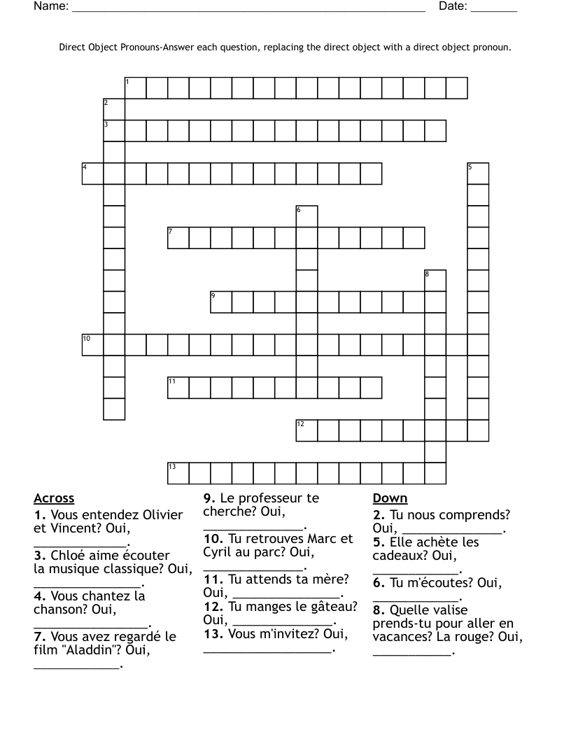 French Pronoun Crossword