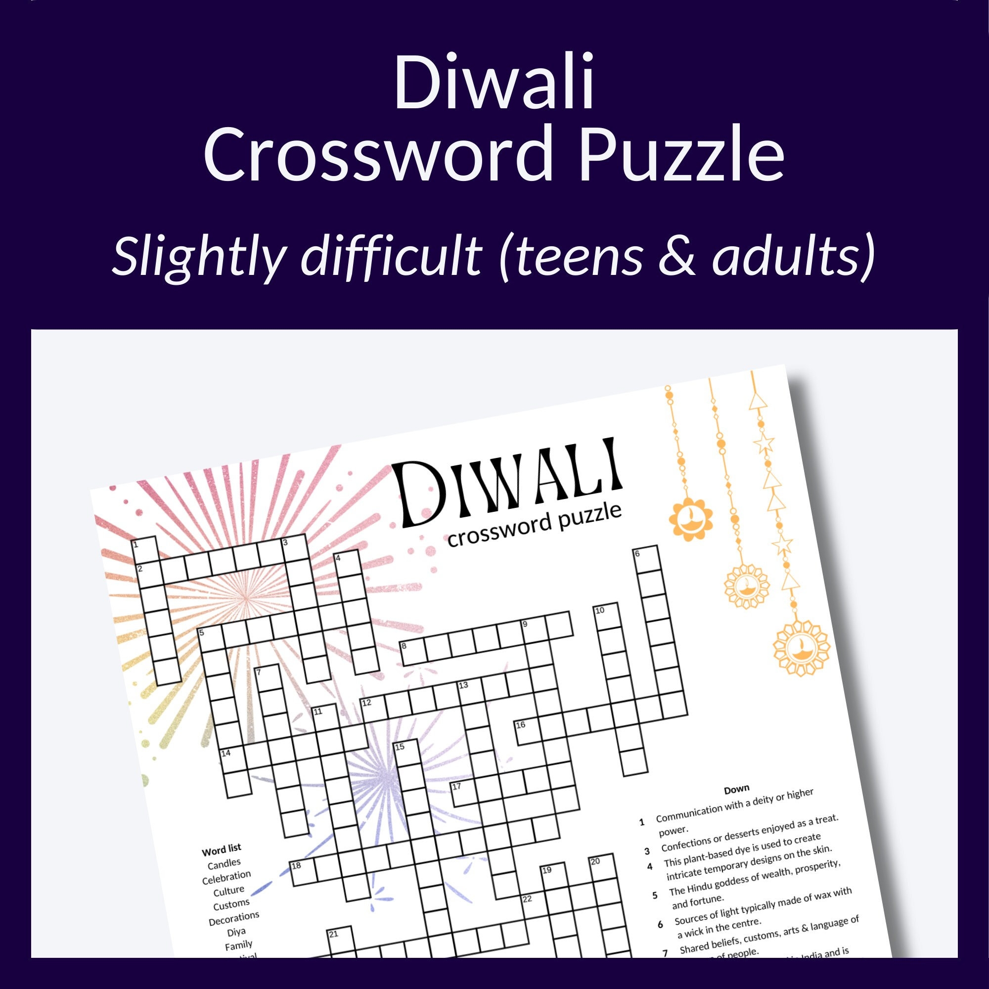 Diwali Crossword Puzzle Trivia Game For Teens Adults digital Download Etsy Israel