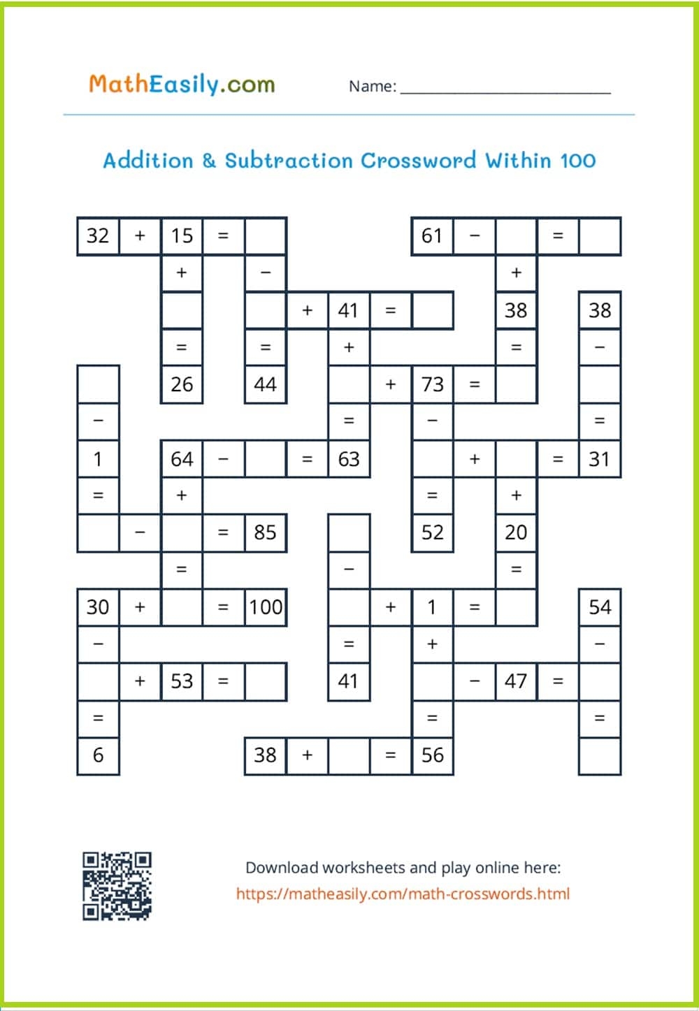 Easy Math Crossword Puzzles Addition And Subtraction