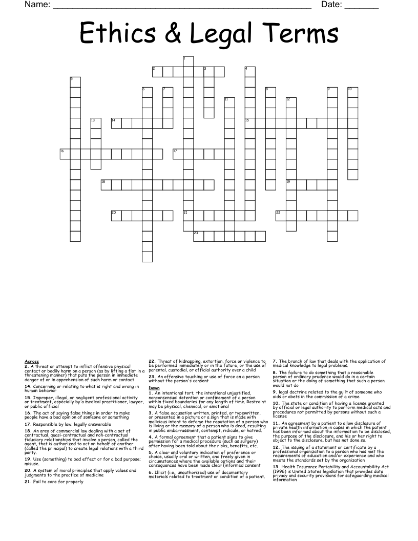 Legal Ethical Crossword Terms Answers