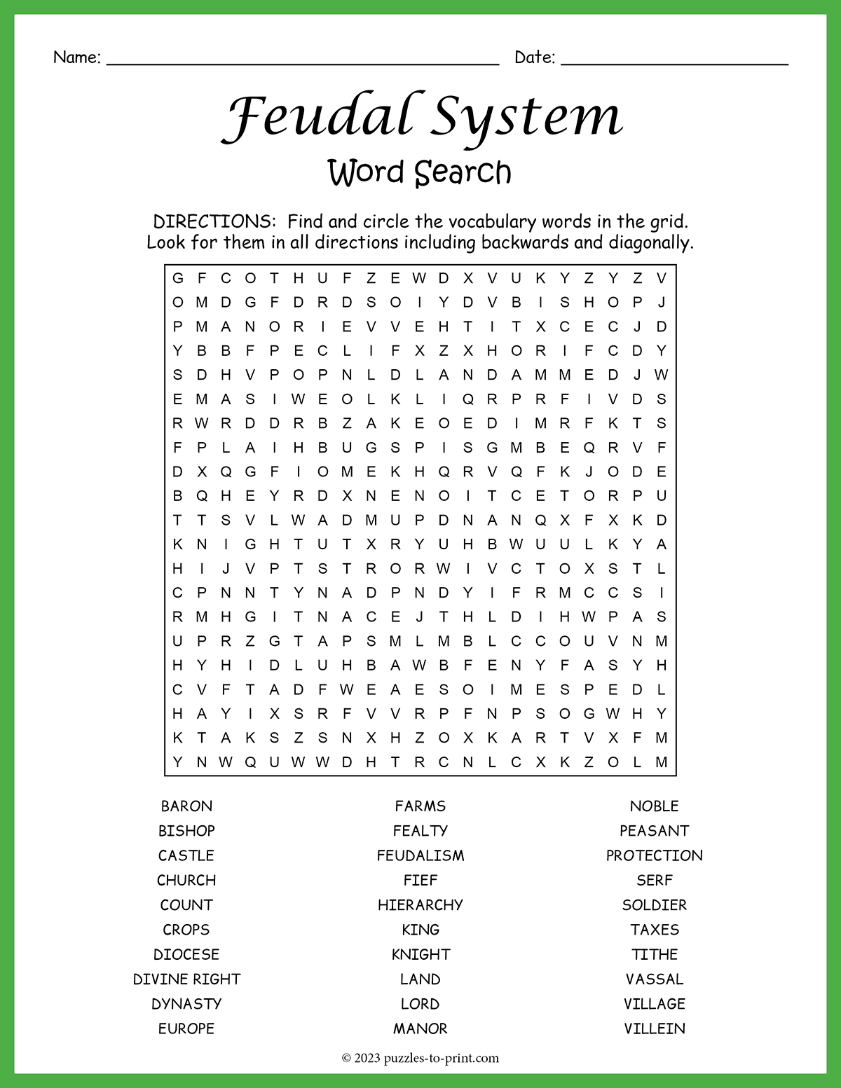 Feudal System Word Search