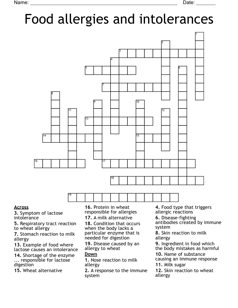 Food Allergies And Intolerances Crossword WordMint