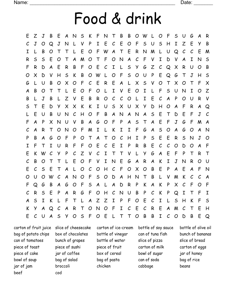 Food Drink Word Search WordMint