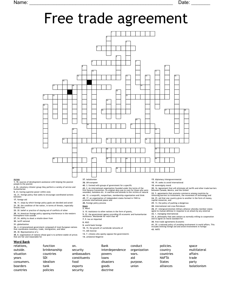 Free Trade Agreement Crossword WordMint