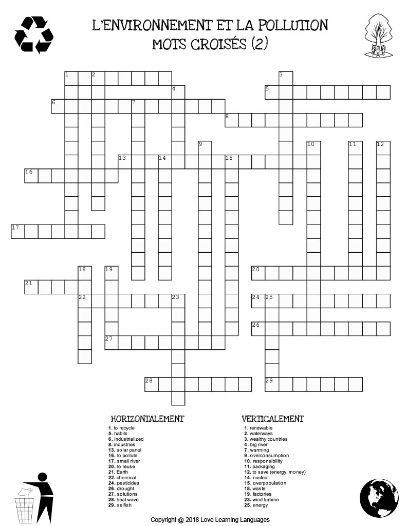 French The Environment And Pollution Crossword Puzzles By Teach Simple