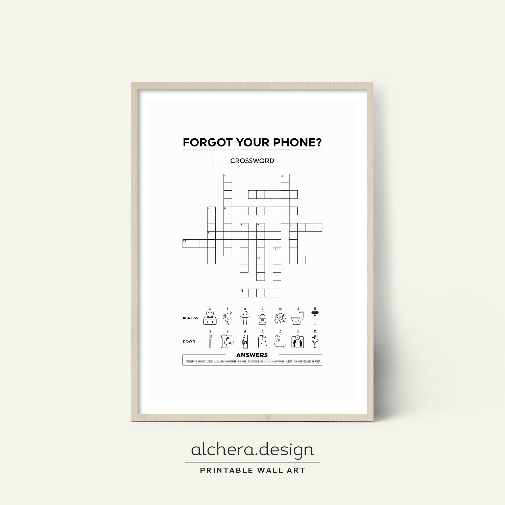 Funny Bathroom Crossword Art forgot Your Phone Printable digital Download Etsy