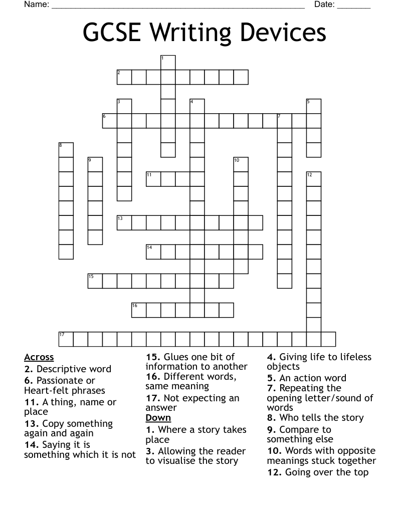 GCSE Writing Devices Crossword WordMint