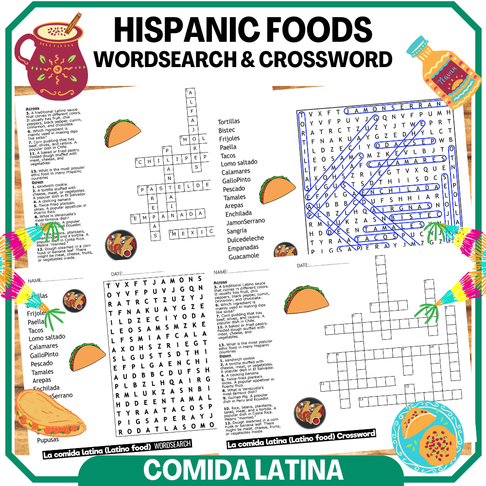 Hispanic Heritage Month La Comida Latina Latino Food Word Search Crossword Teaching Resources
