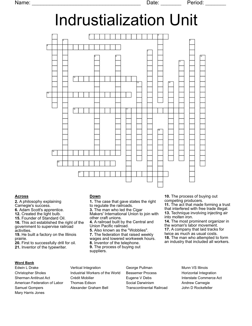 Indrustialization Unit Crossword WordMint