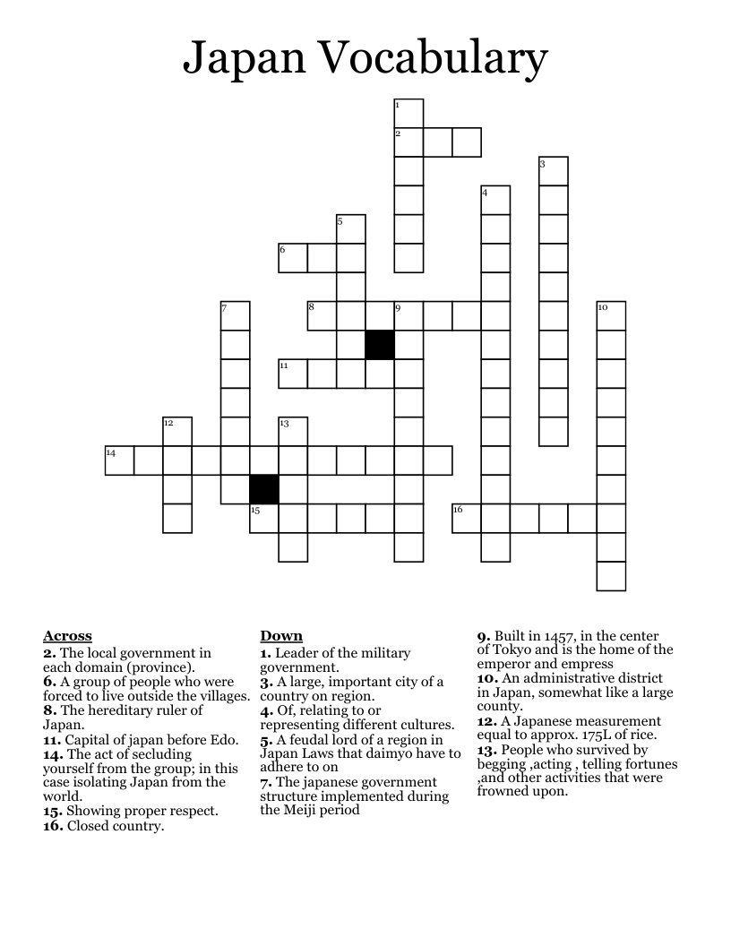 Japan Vocabulary Crossword WordMint