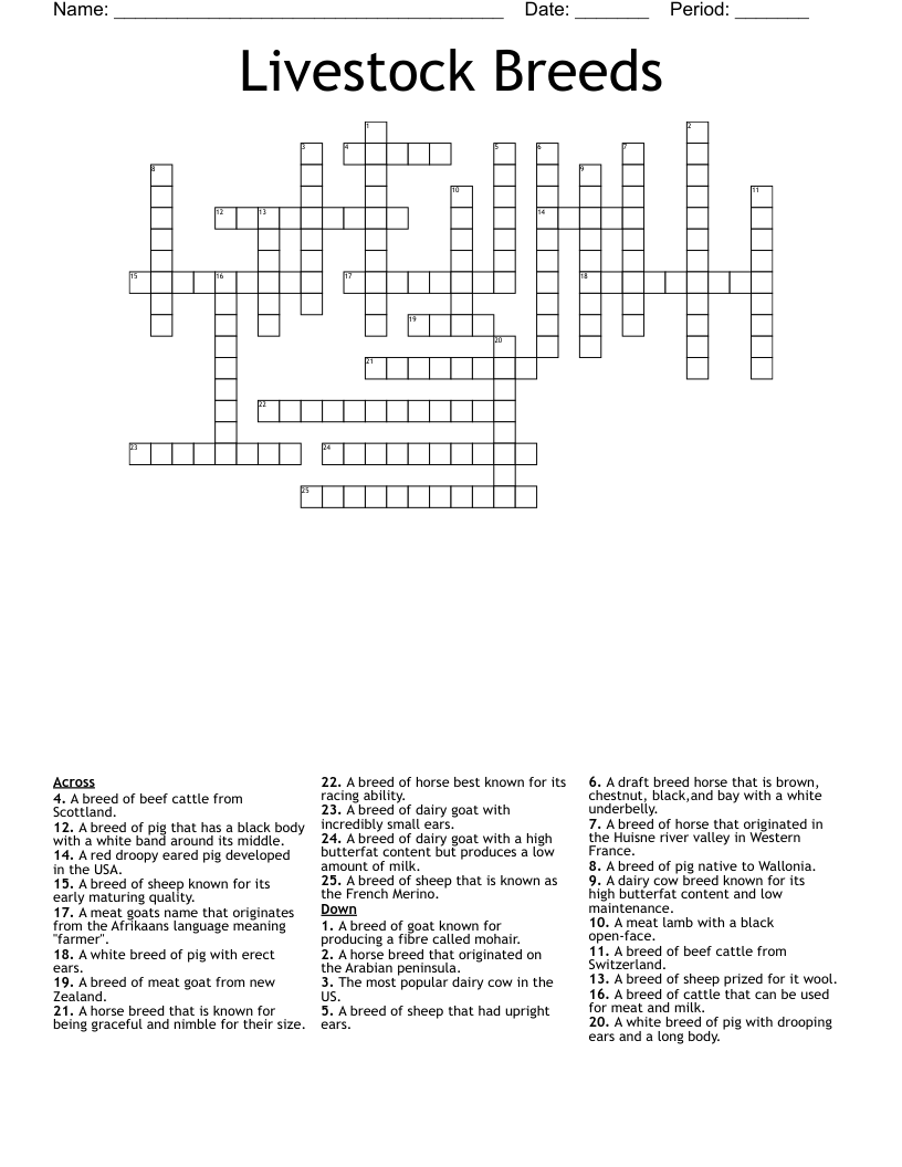 Livestock Breeds Crossword WordMint Livestock Breeds Crossword WordMint