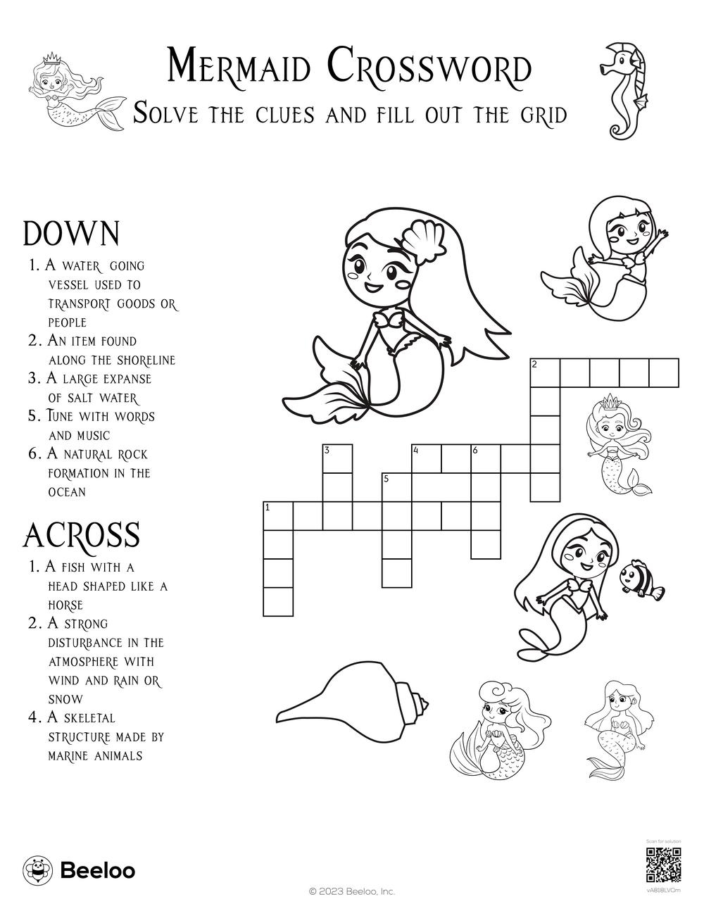 Mermaid Crossword Beeloo Printable Crafts And Activities For Kids