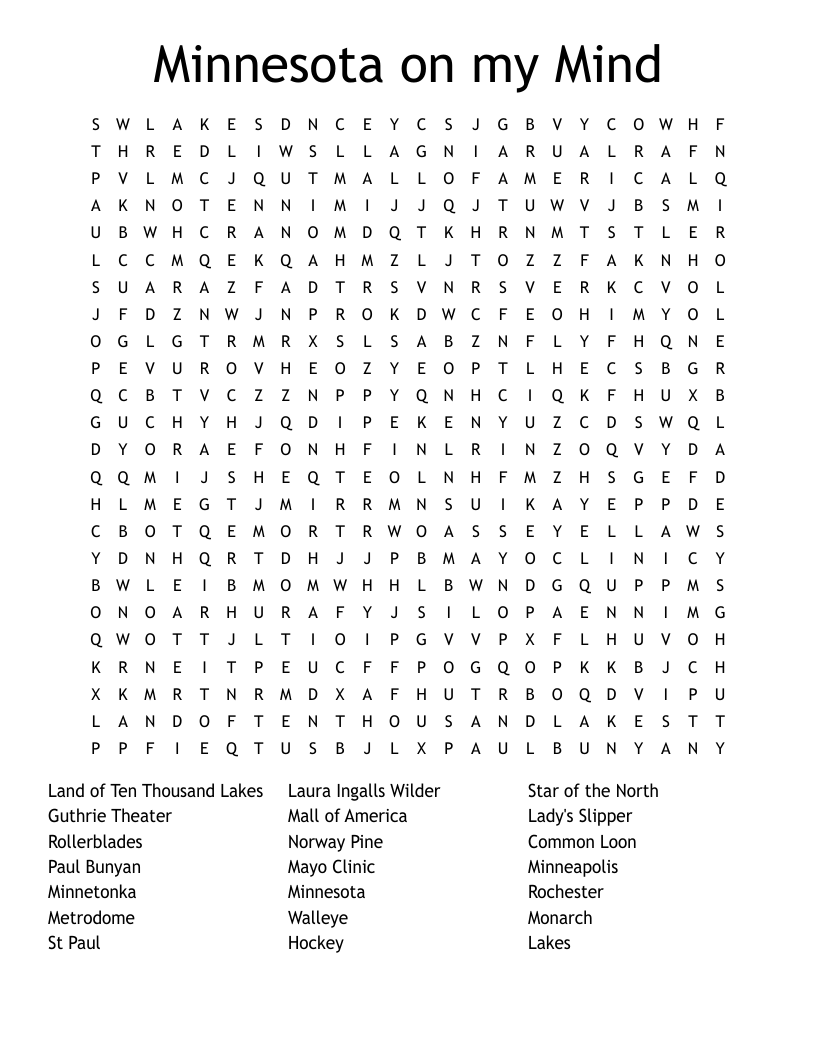 Minnesota On My Mind Word Search WordMint