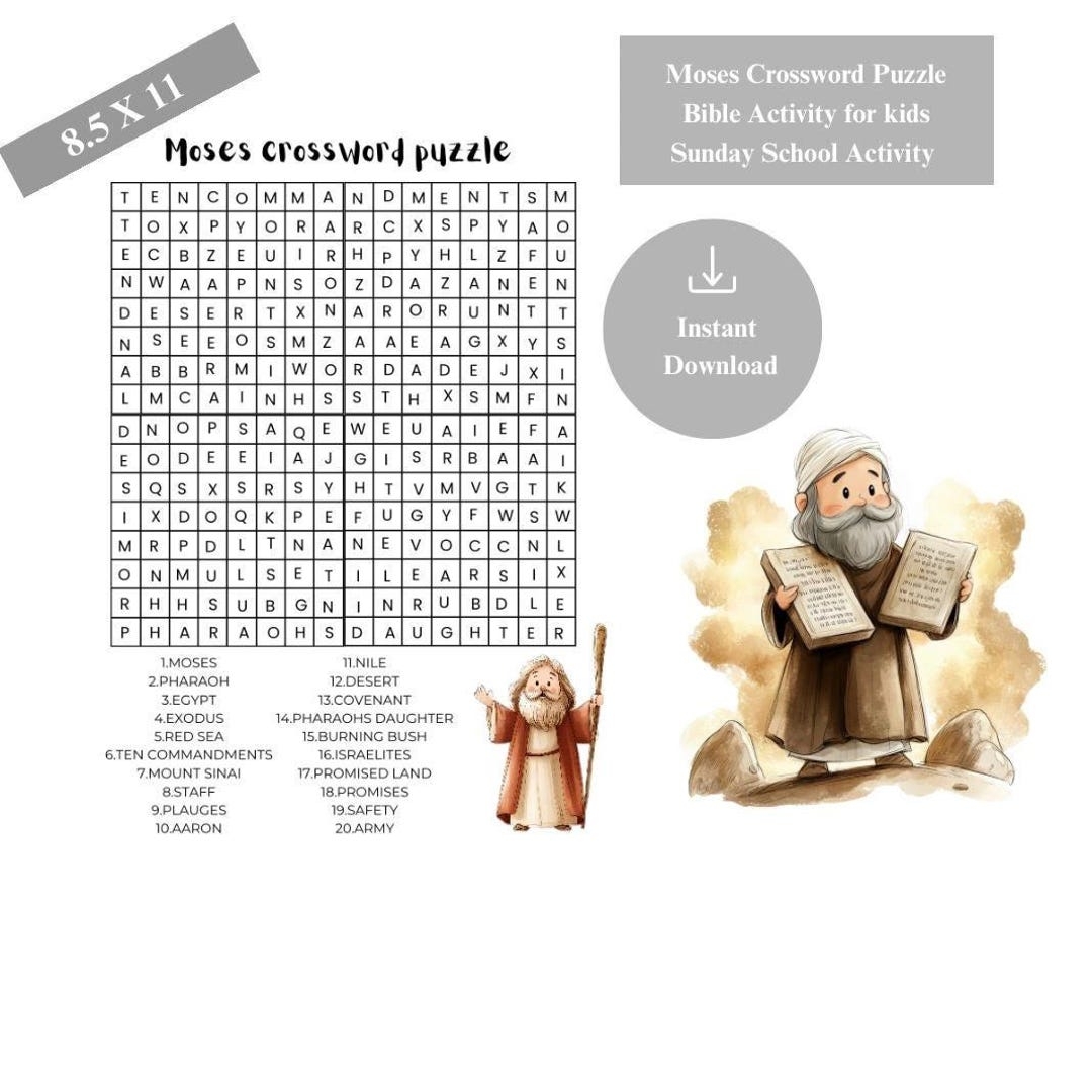 Moses Bible Crossword Faith based Learning Activity Printable For Sunday School Answer Sheet Included Etsy Israel