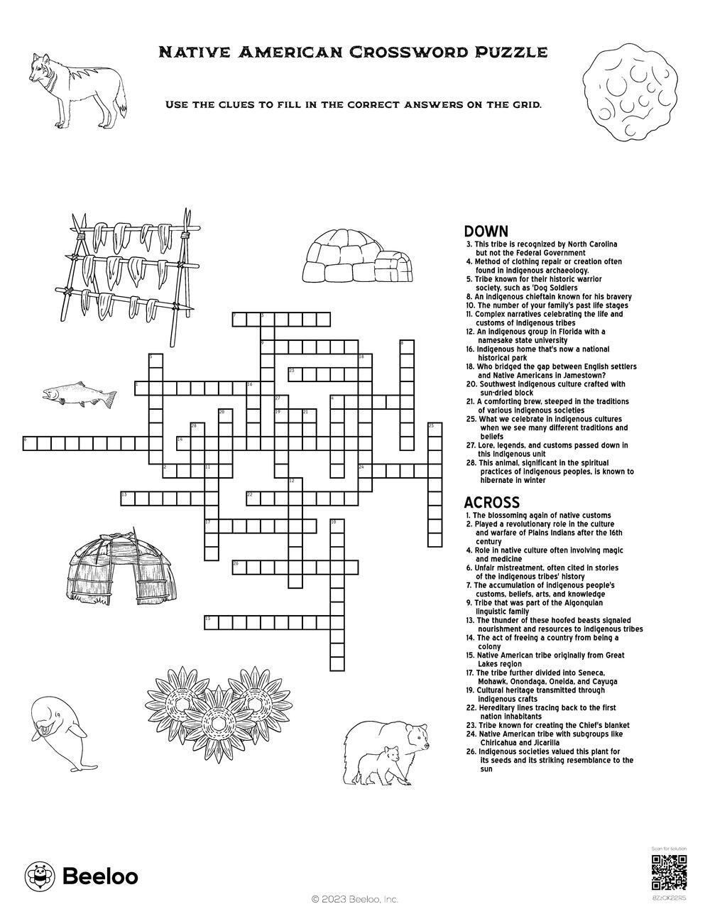 Native American Crossword Puzzle Beeloo Printable Crafts And Activities For Kids