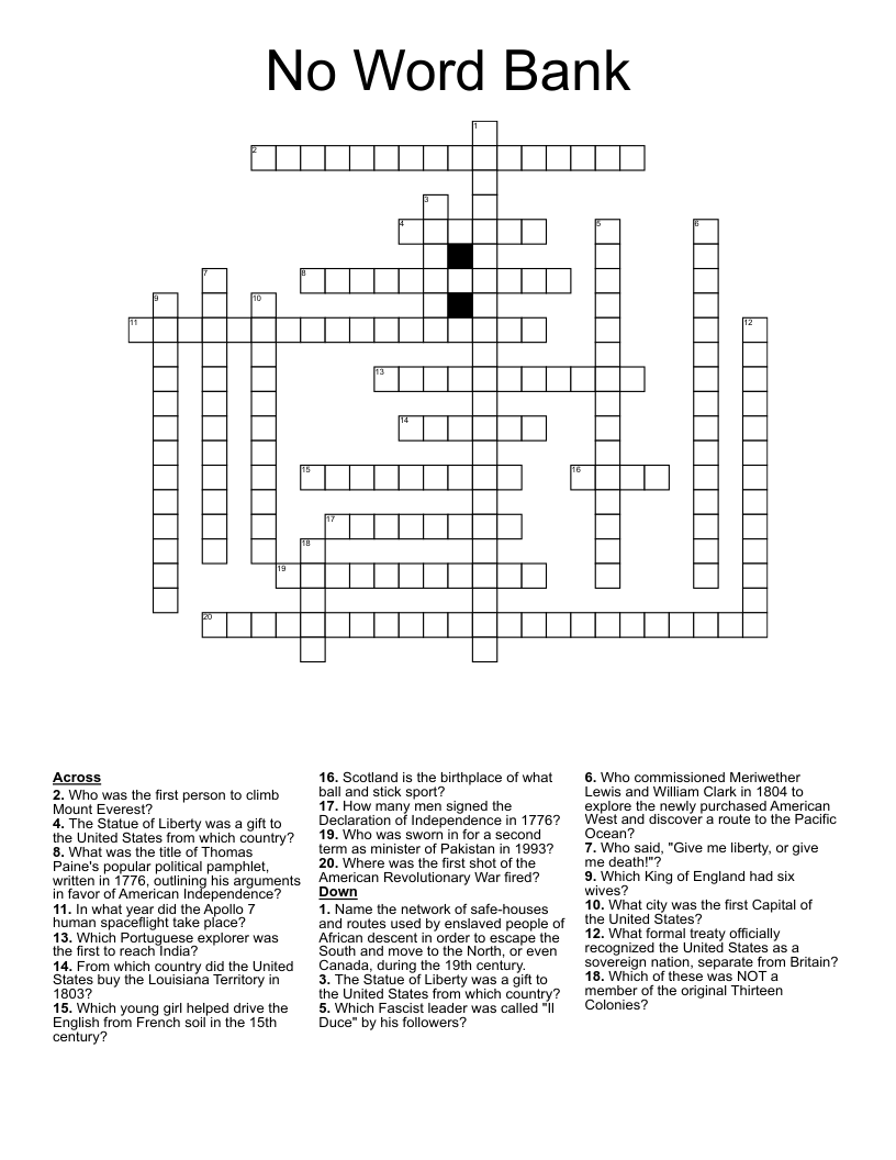 No Word Bank Crossword WordMint