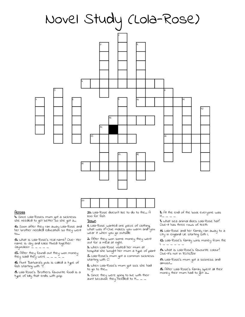 Novel Study Lola Rose Crossword WordMint