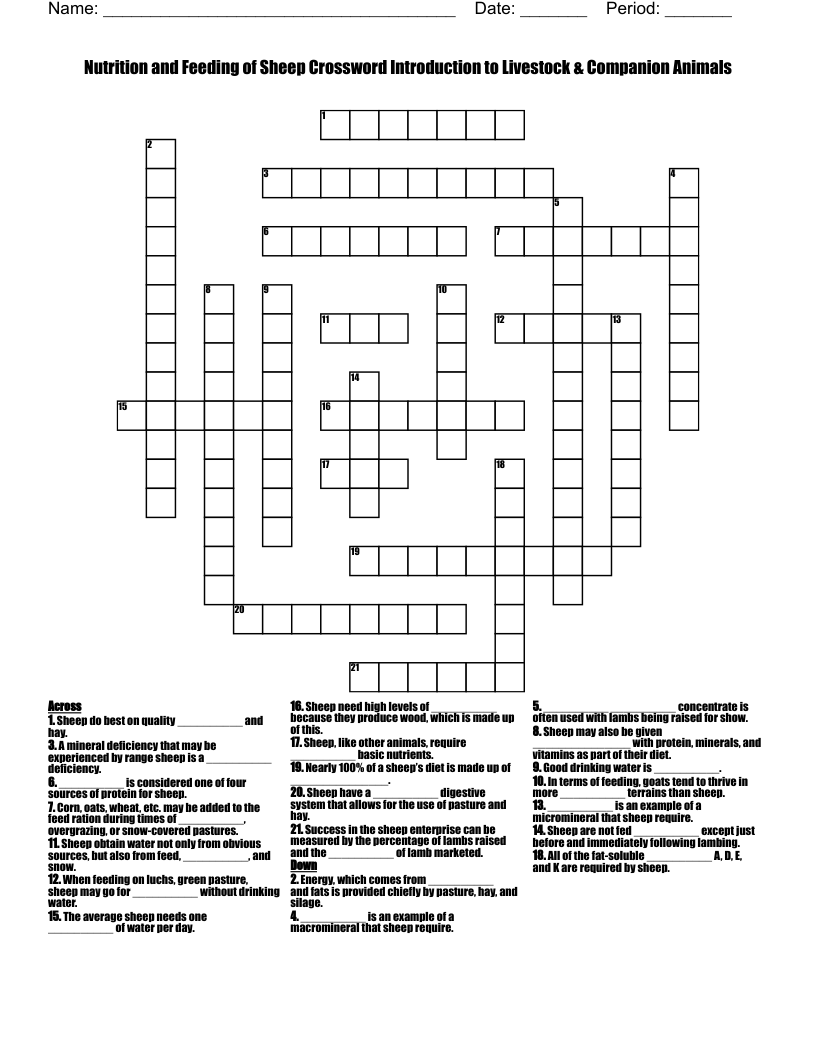 Nutrition And Feeding Of Sheep Crossword Introduction To Livestock Companion Animals WordMint
