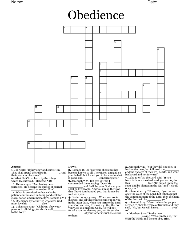 Obedience Crossword WordMint