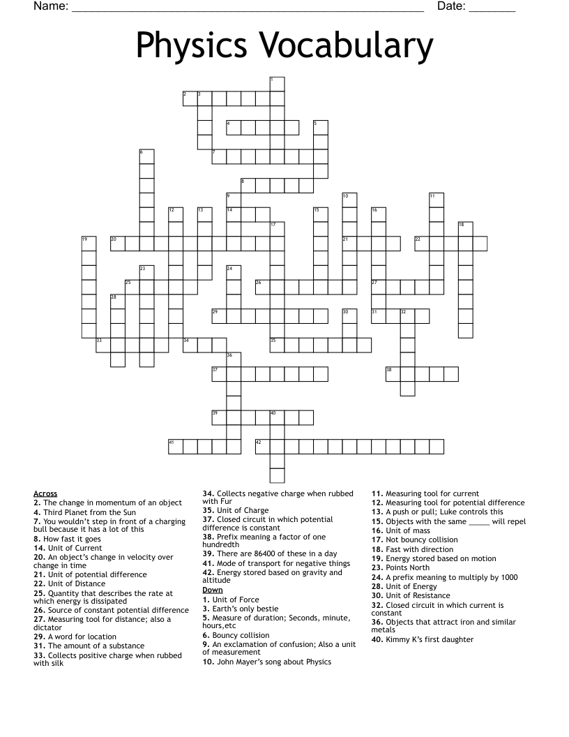 Physics Vocabulary Crossword WordMint