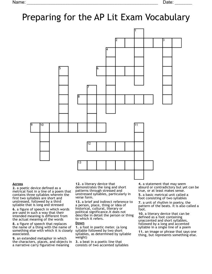 Preparing For The AP Lit Exam Vocabulary Crossword WordMint