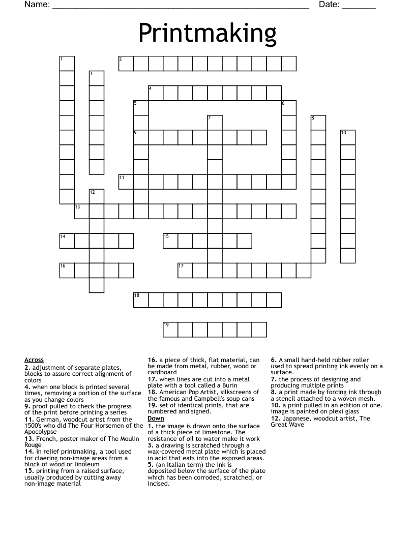 Printmaking Crossword WordMint