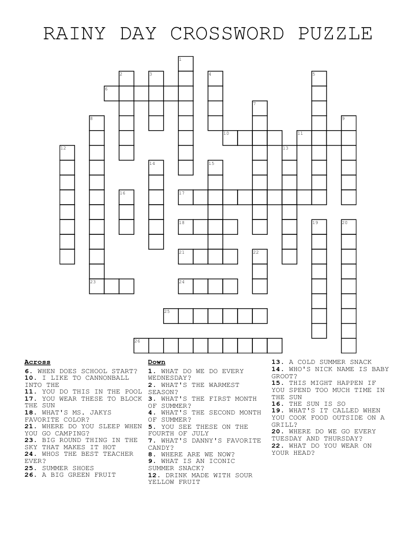 RAINY DAY CROSSWORD PUZZLE WordMint