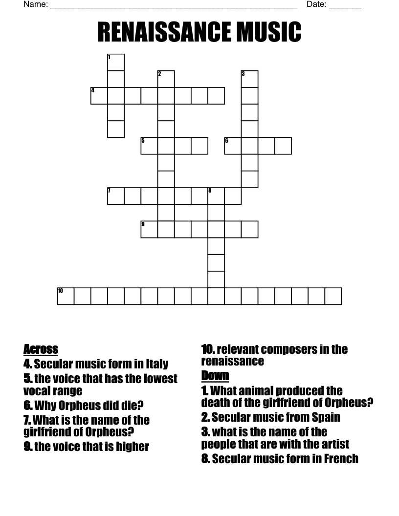 RENAISSANCE MUSIC Crossword WordMint