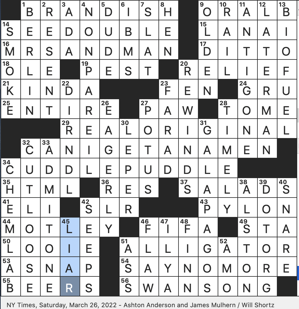 Rex Parker Does The NYT Crossword Puzzle Alpine Folk Dress SAT 3 26 22 Ostinato Provider In Ravel s Bolero Sight From Maui s West Shore Classic Song With The Line Give