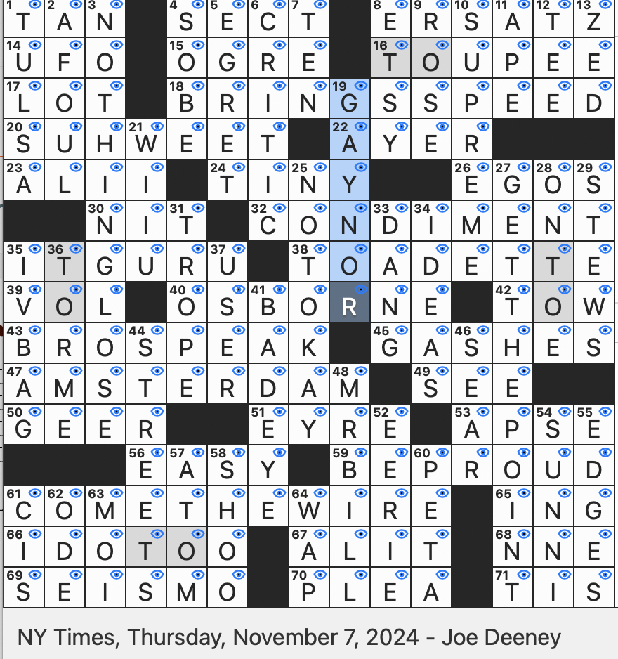 Rex Parker Does The NYT Crossword Puzzle Freedom Per Janis Joplin THU 11 7 24 Claymation Character Of Old S N L Gaming Console That Preceded The Switch Place For A Lady