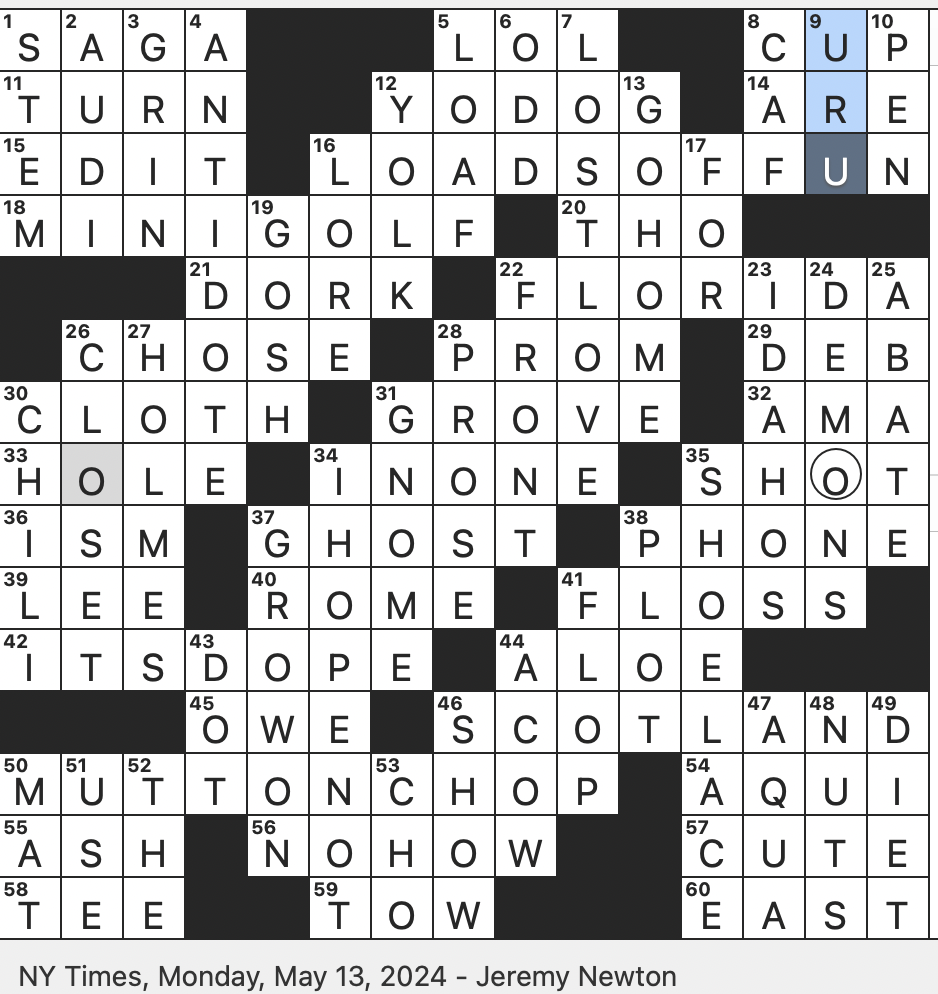Rex Parker Does The NYT Crossword Puzzle Popular Pastime Played With Putters MON 5 13 24 Topic Of A Wistful Breakup Song Bearded Garden Figurine Washable Diaper Material Cut